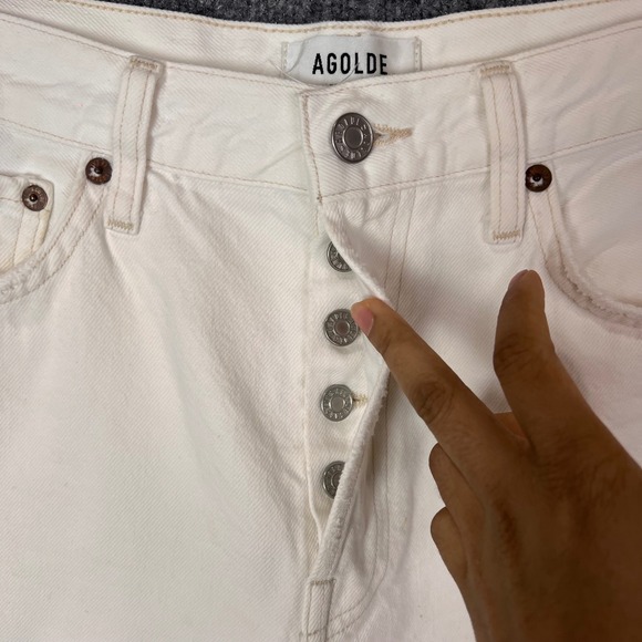 AGOLDE Parker long Denim Cut Off Shorts Button Fly Frayed Hem Womens Size 28 - Picture 5 of 11